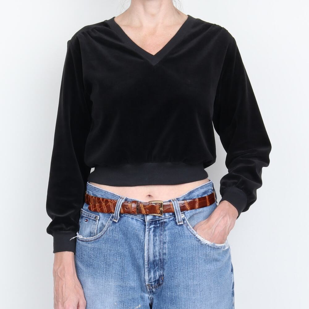 vintage 1970s Black Velour V Neck Crop Knit S petite